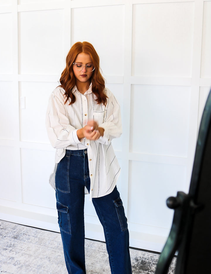 Oversized Pin Striped Collared Button-Up / White + Black