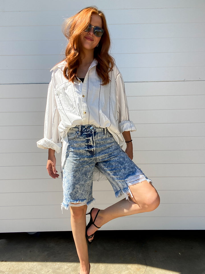 Oversized Pin Striped Collared Button-Up / White + Black