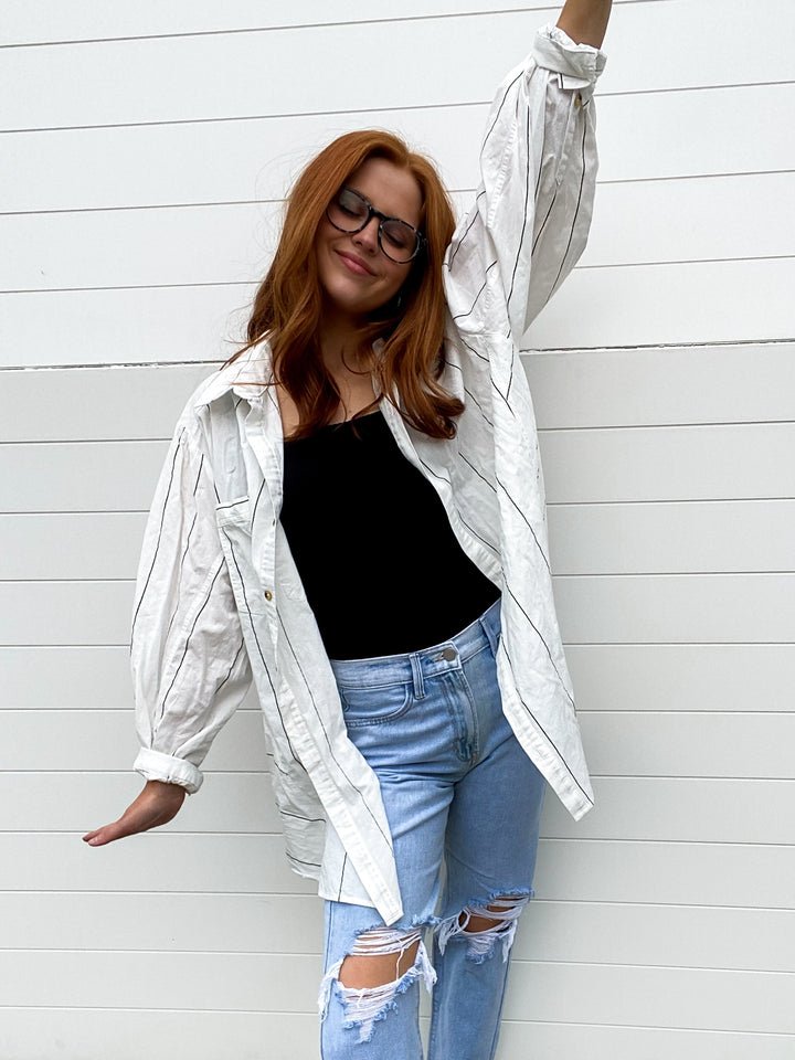 Oversized Pin Striped Collared Button-Up / White + Black