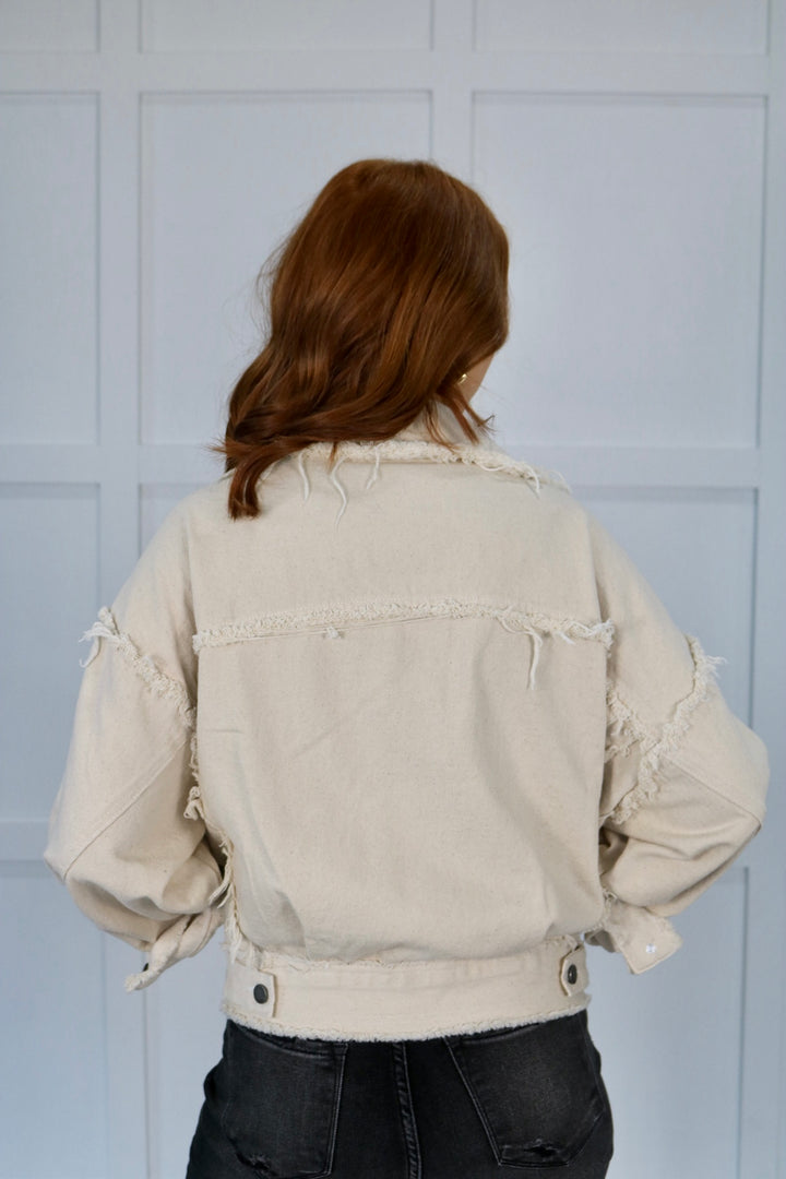 Frayed Edge Distressed Denim Jacket / Ivory