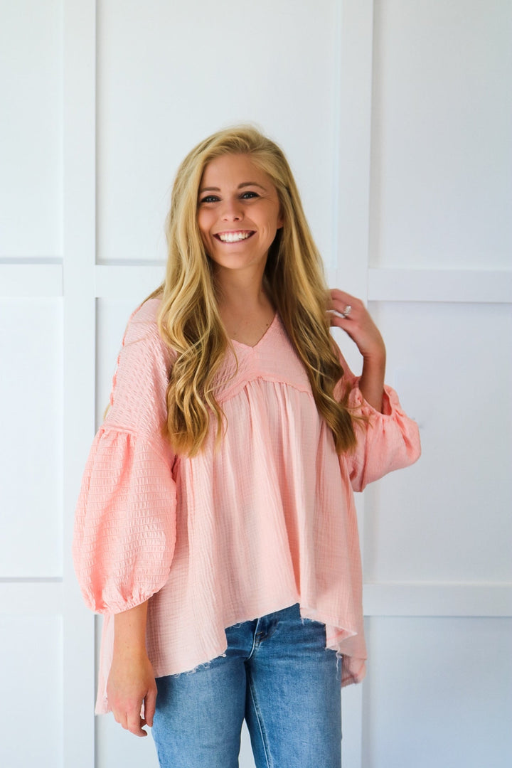 Natalia Flowy Bubble Sleeve Top-Peach