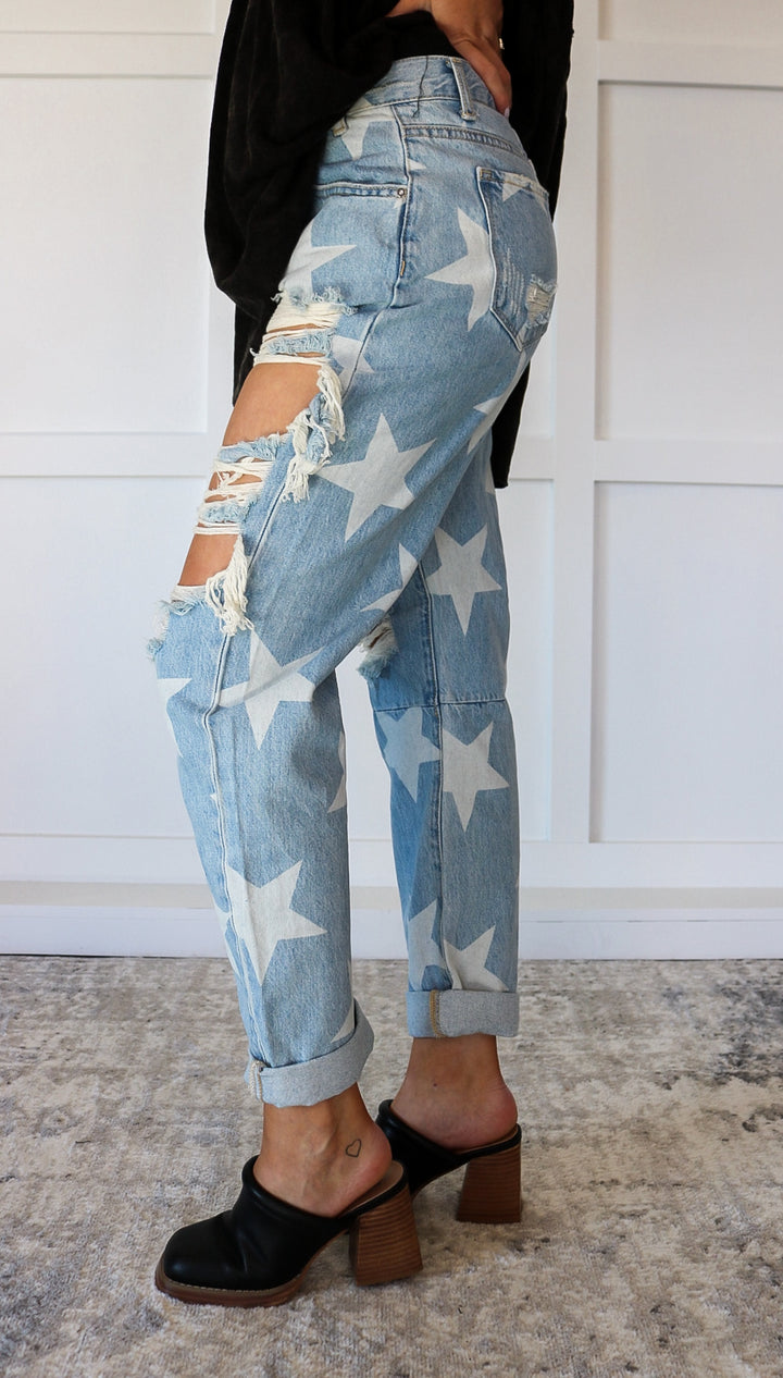 Star Print Distressed Slouch Jeans