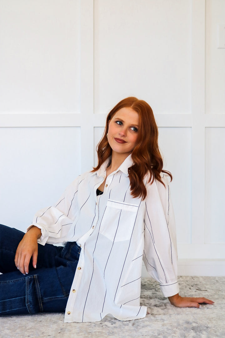 Oversized Pin Striped Collared Button-Up / White + Black