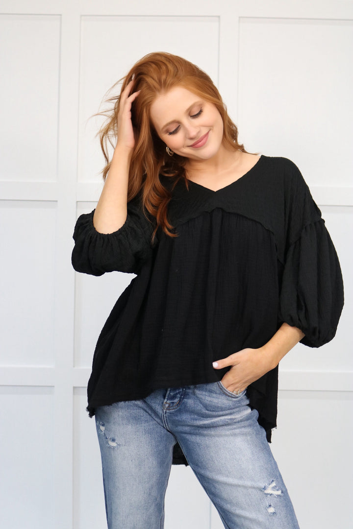 Natalia Flowy Bubble Sleeve Top-Black