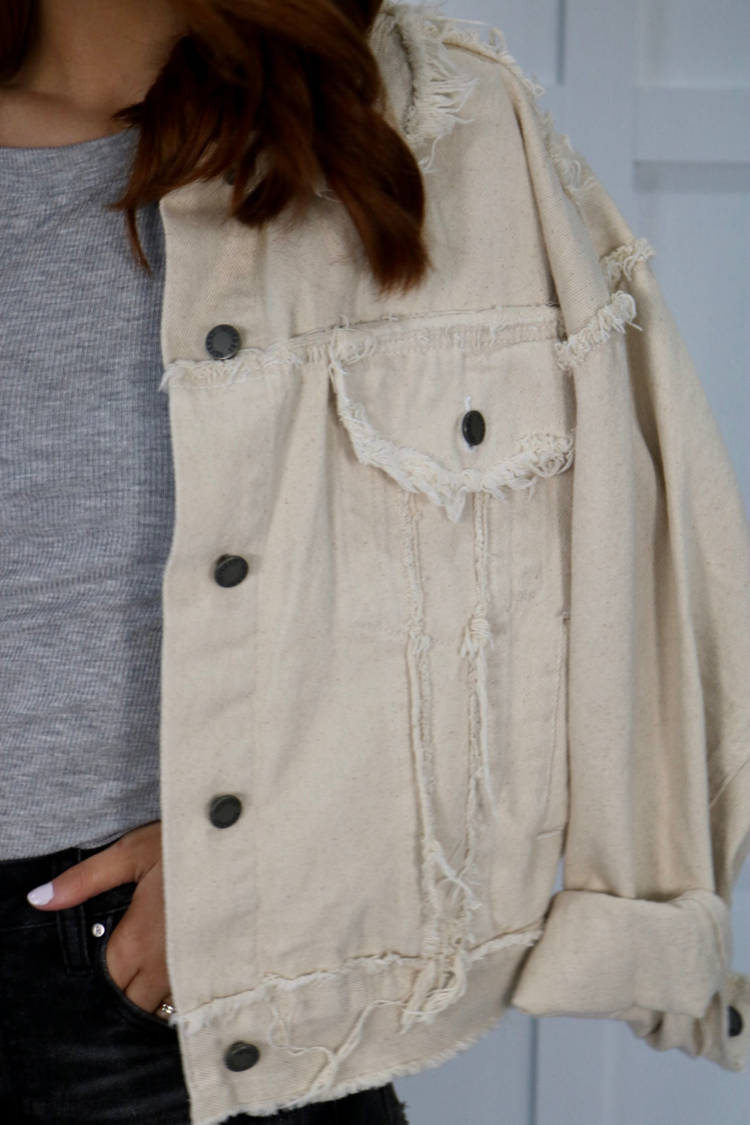 Frayed Edge Distressed Denim Jacket / Ivory