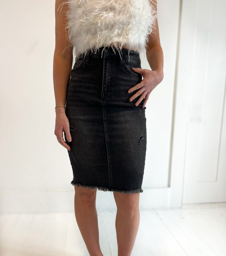 Emma Midi Stretch Black Denim Skirt