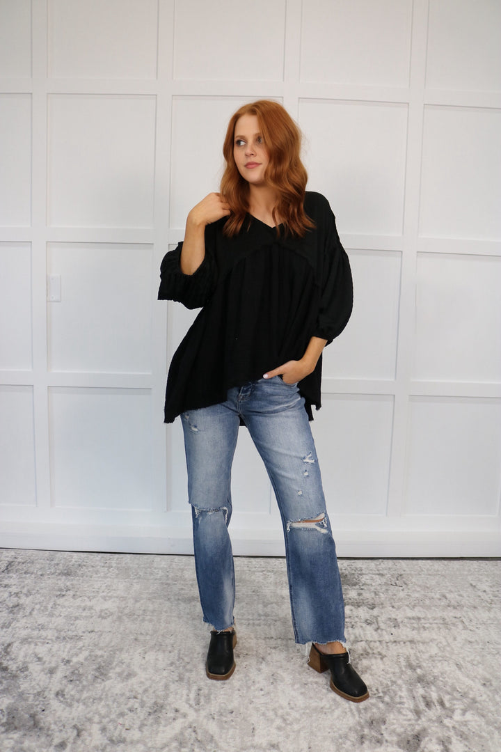 Natalia Flowy Bubble Sleeve Top-Black