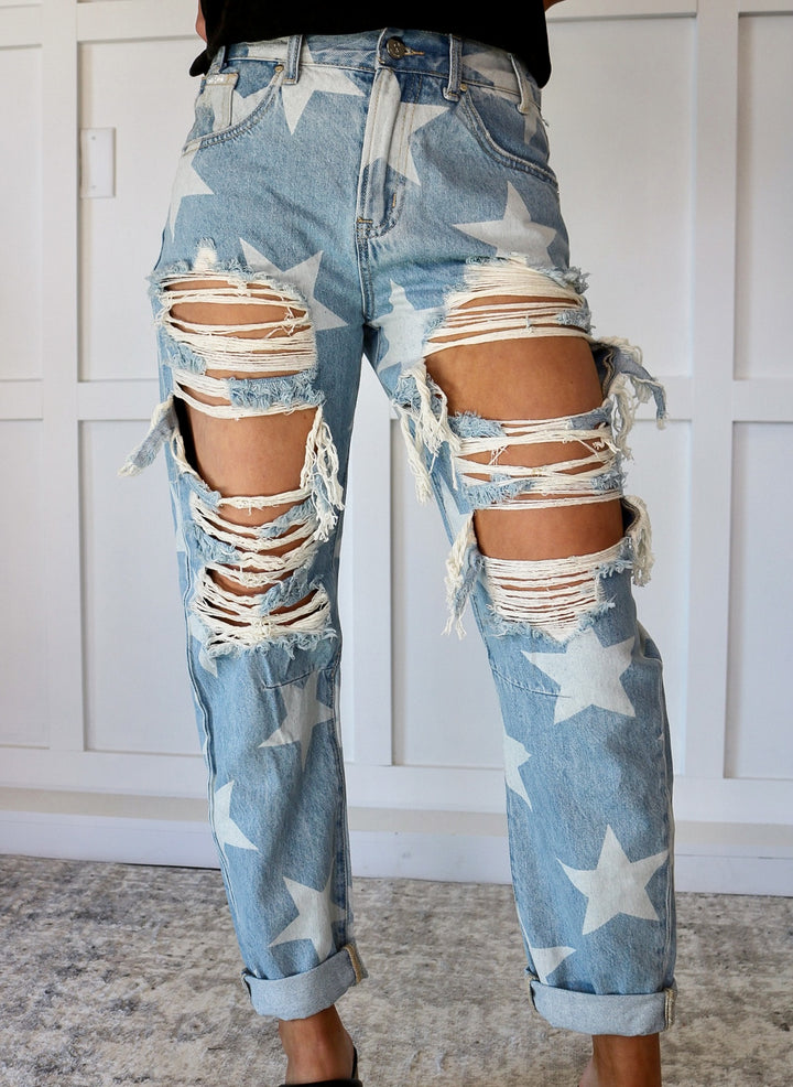 Star Print Distressed Slouch Jeans